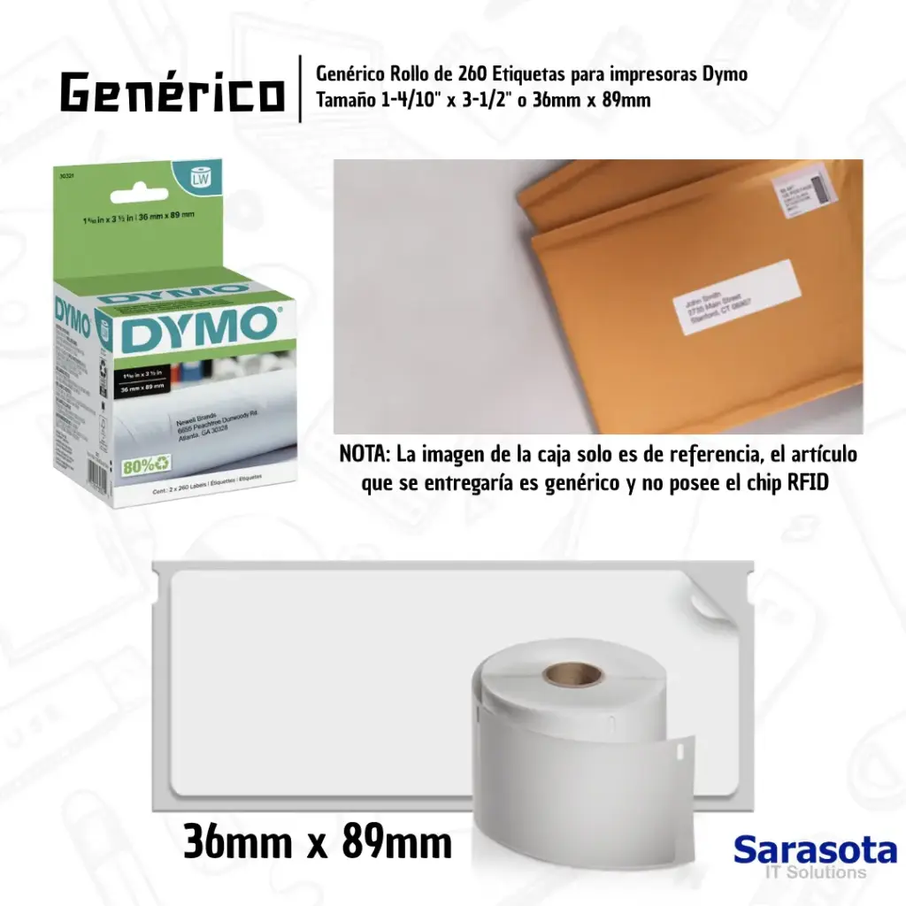 Genérico Rollo de 260 Etiquetas para Dymo Tamaño 1-4/10" x 3-1/2"
