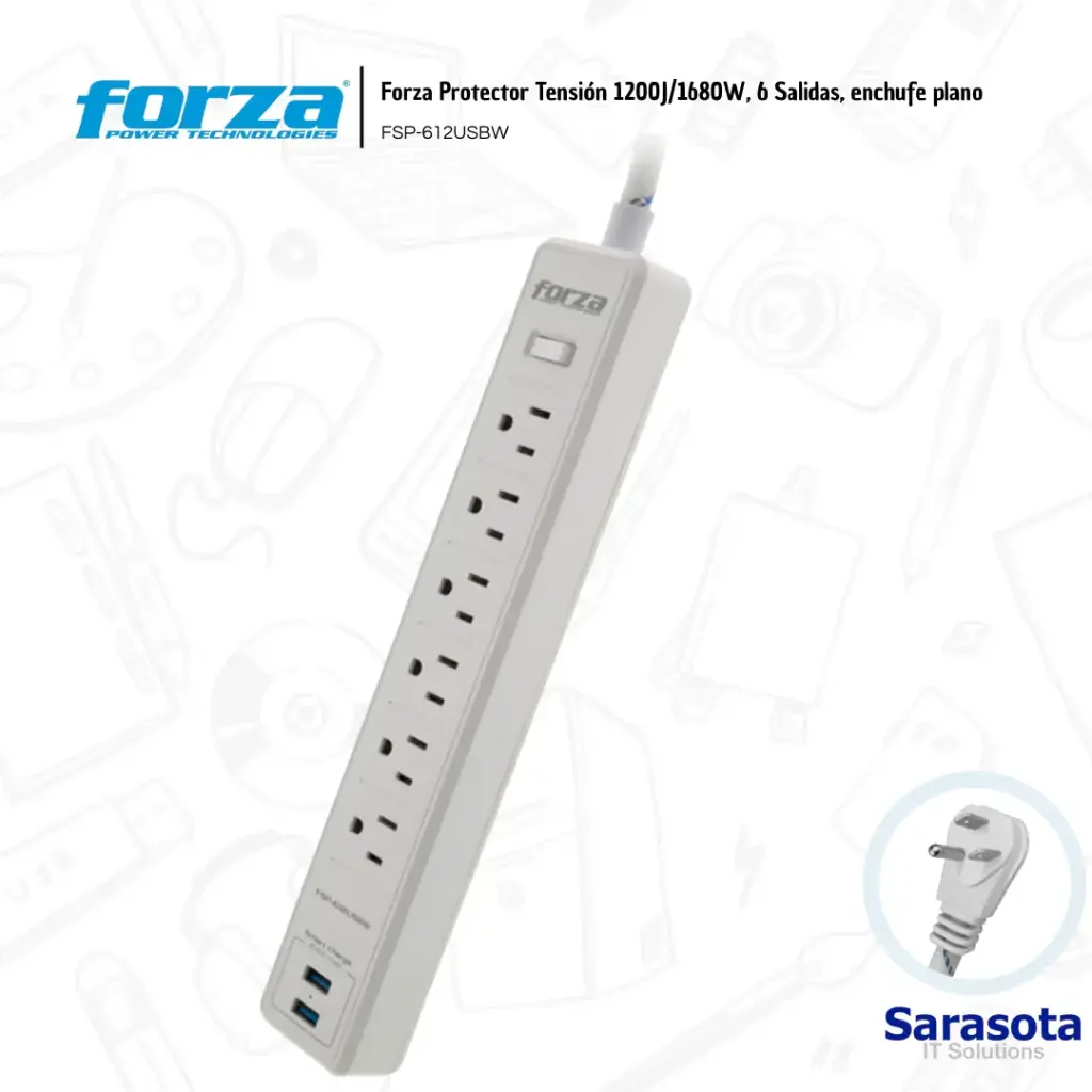 Forza Regleta Protector, 6 Salidas + 2 USB 2.5A FSP-612USBW 